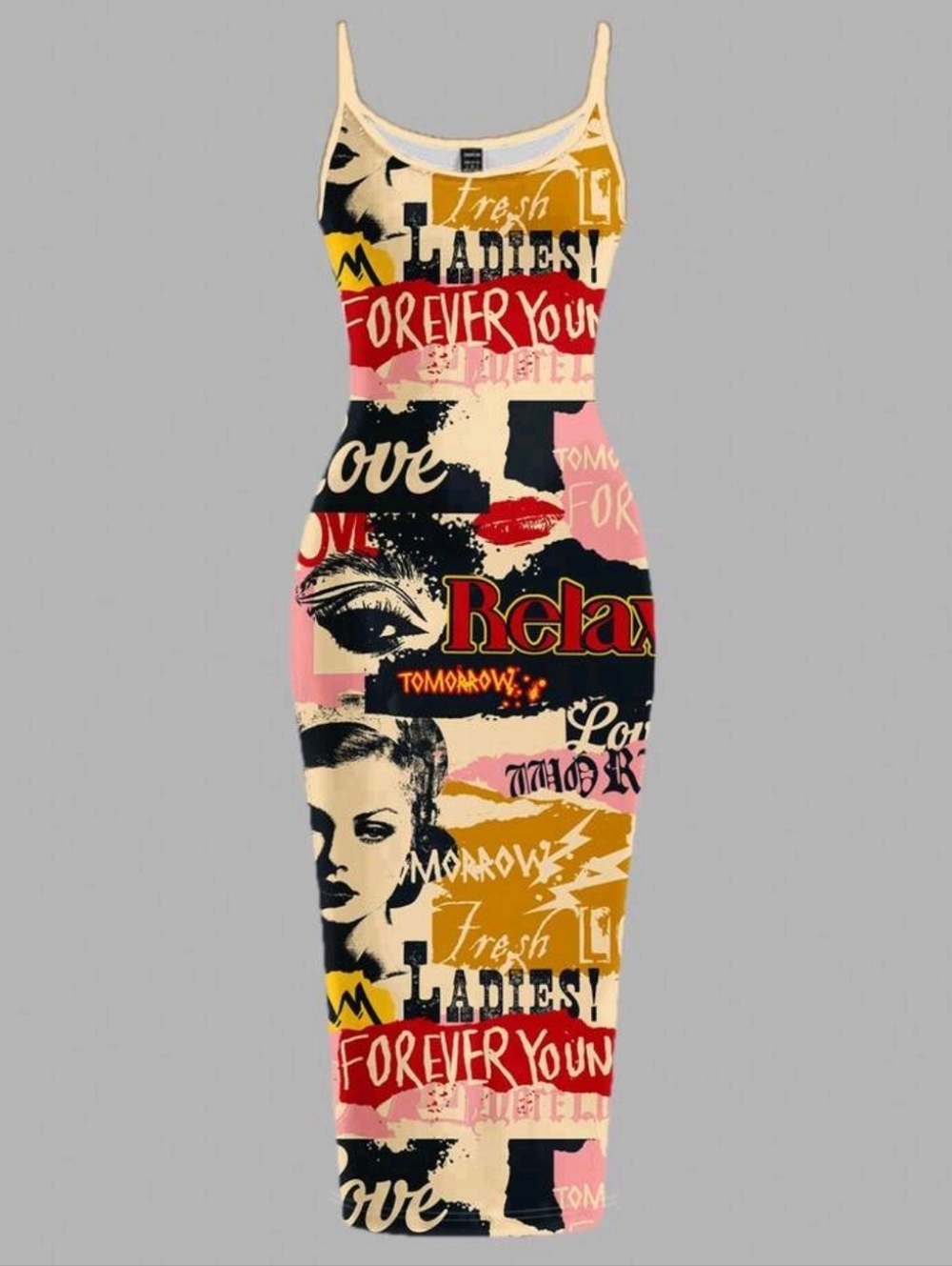 Graphic Print Bodycon Midi Dress in Pink, Black & Mustard